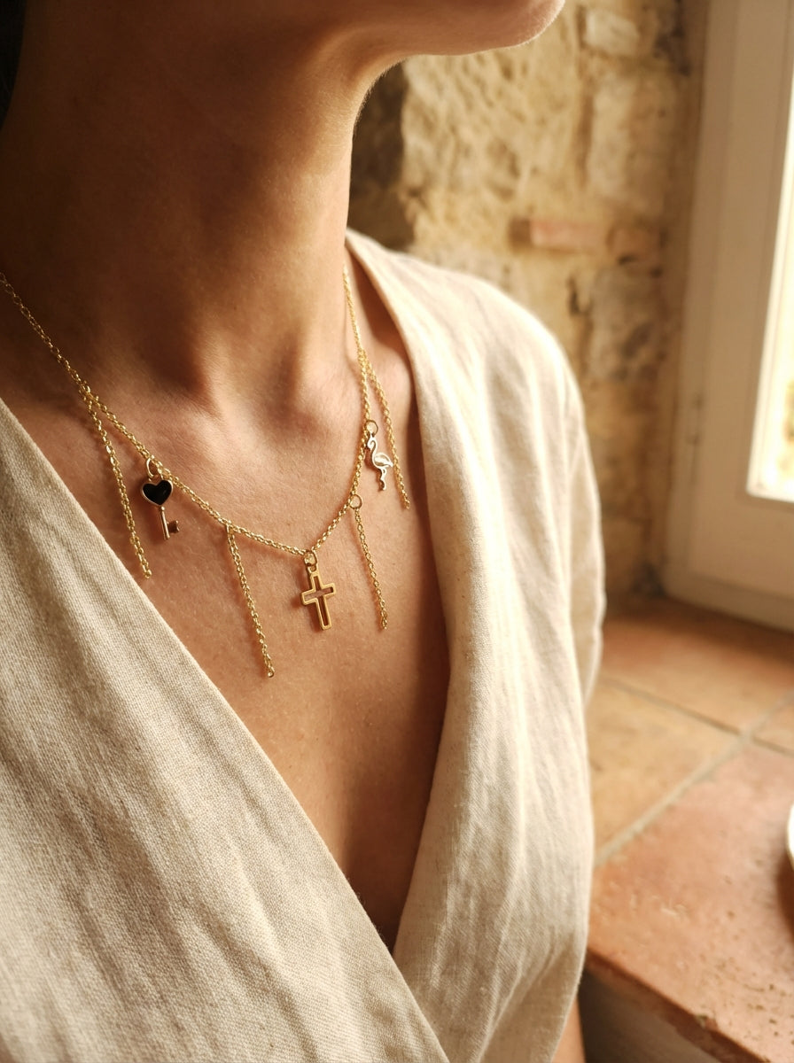 Gold-Plated Cross Charm Necklace with Cascading Chain Tassels