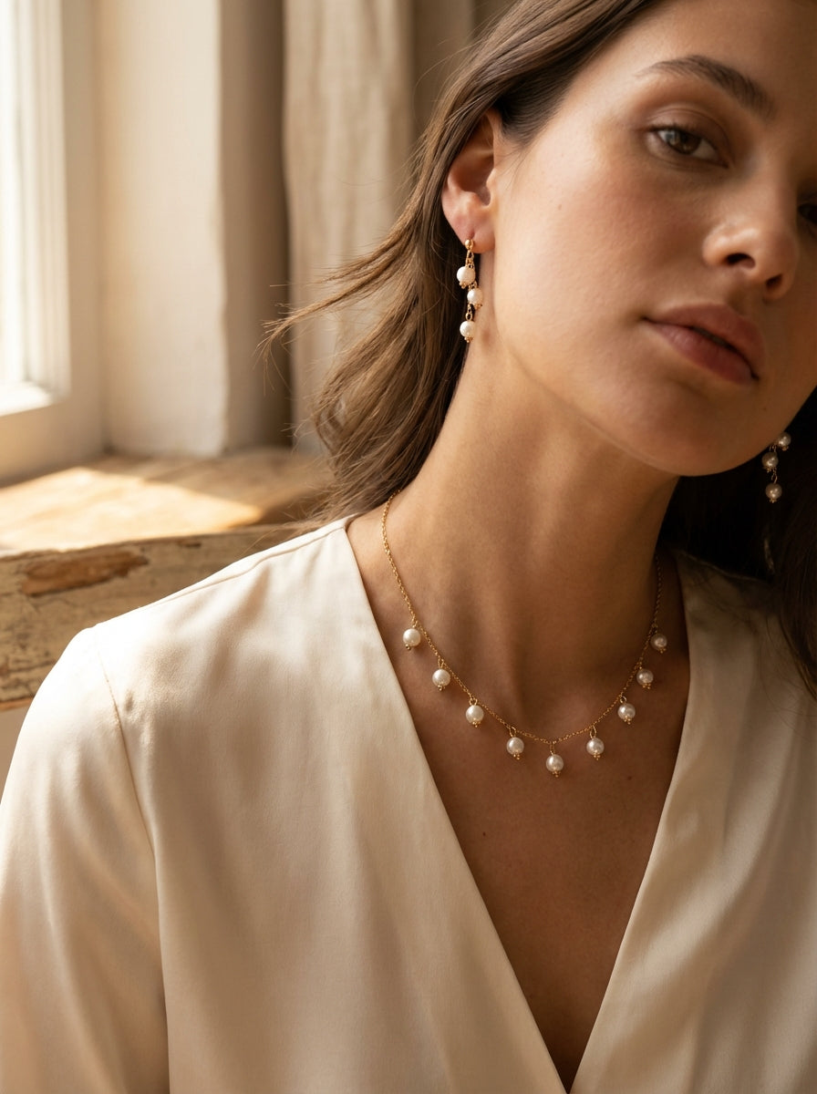 Gold Plated Pearl Drop Necklace and Earrings Set