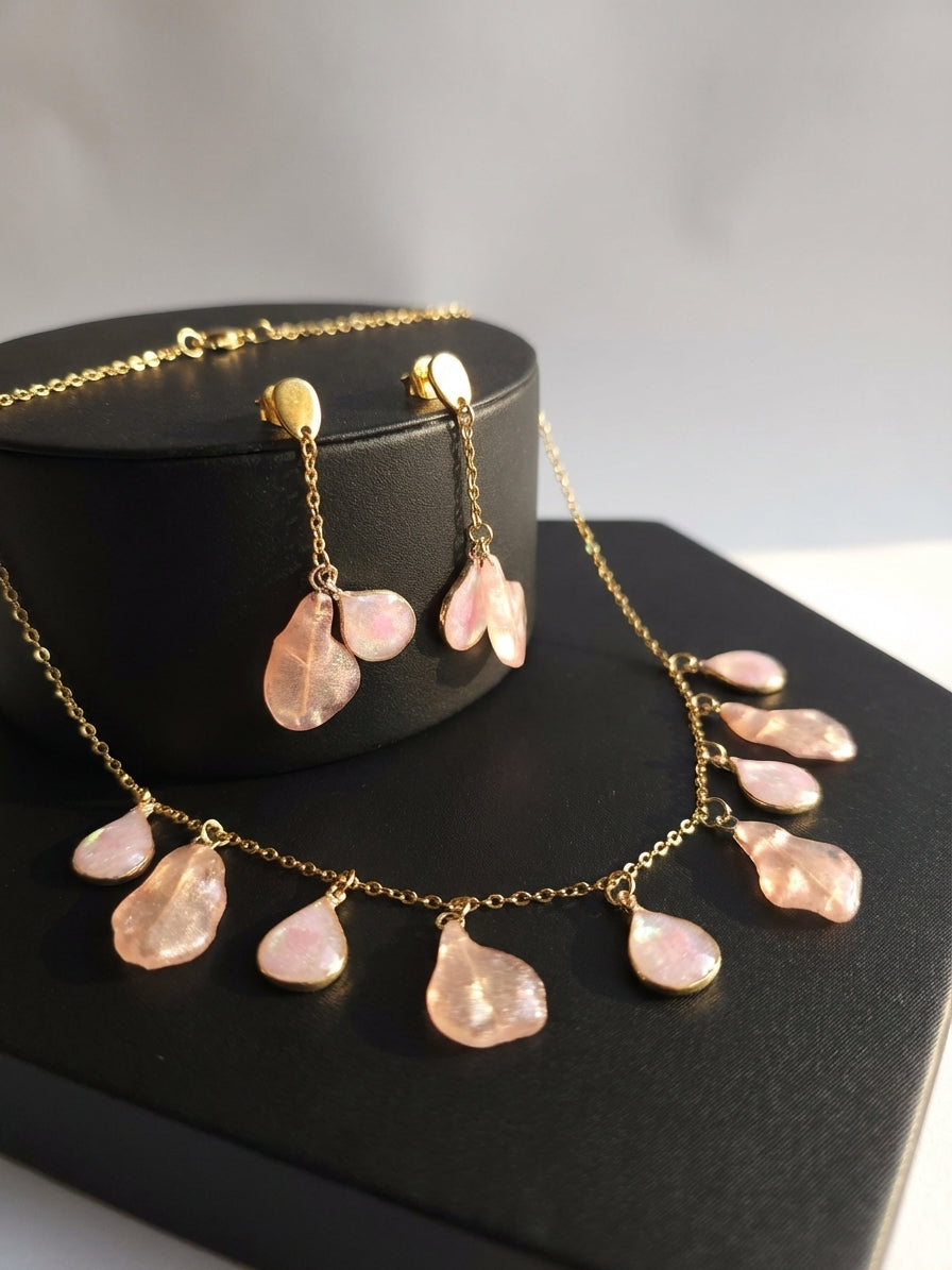 Blush Teardrop Resin Jewellery Set Necklace and Drop Earrings