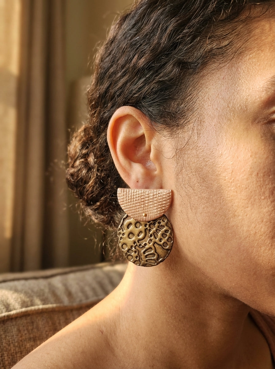 Rose Pink Metallic and Gold Textured Disc Earrings