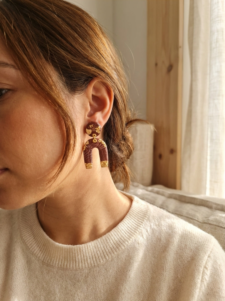 Chocolate & Gold Clay Arch Earrings – Handmade Statement Earrings