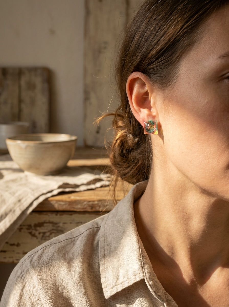Iridescent Metallic Pigment Square Earrings