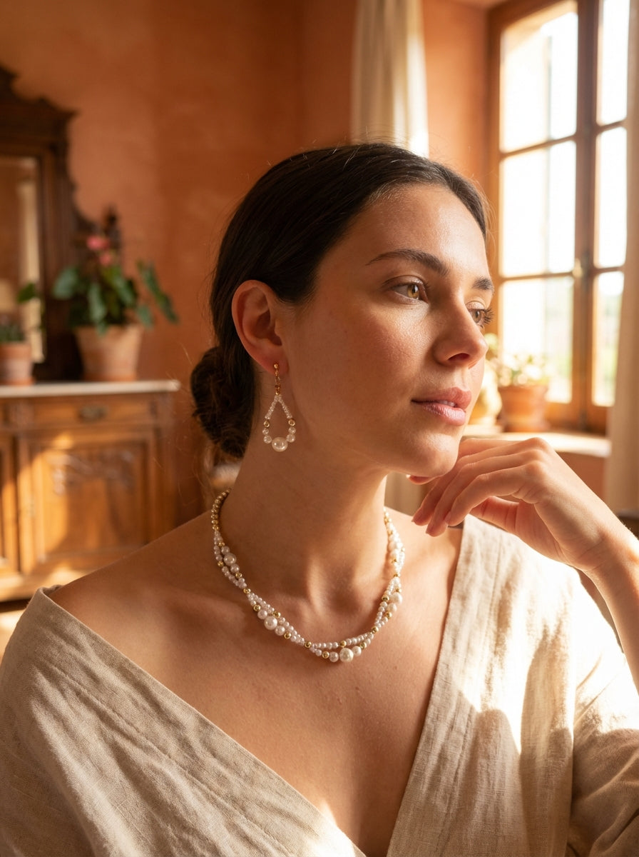 Pearl & Gold Hematite Necklace and Earrings Set