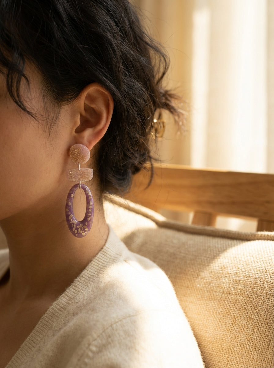 Lavender & Pink Resin Statement Earrings with Gold Flakes