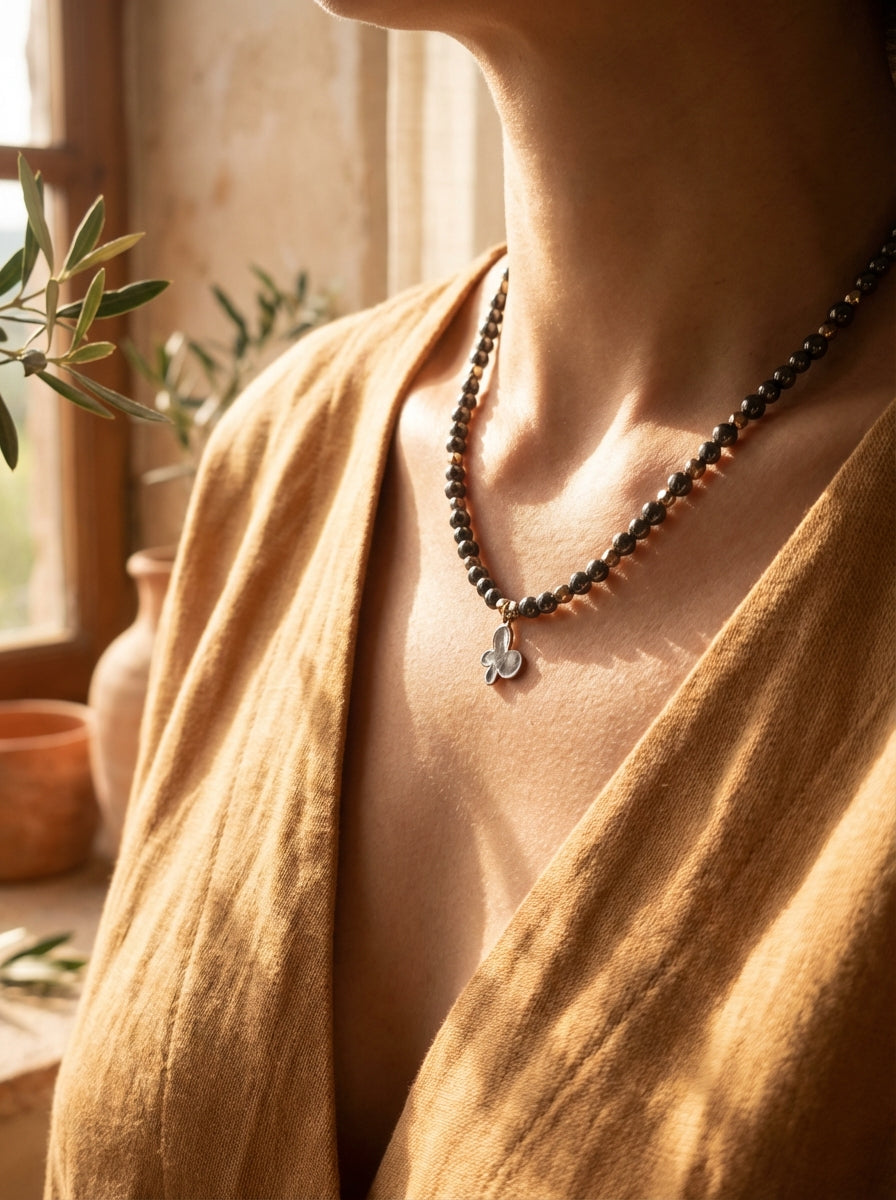 Hematite Bead Necklace with Gold-Tone Clover Charm