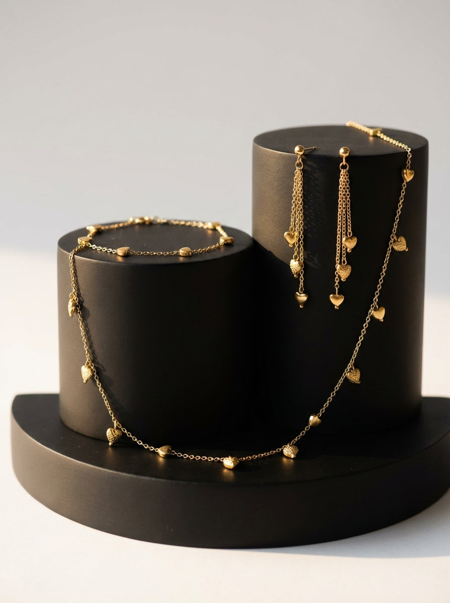 Gold-Plated Heart Charm Jewelry Set - Necklace, Bracelet & Earrings