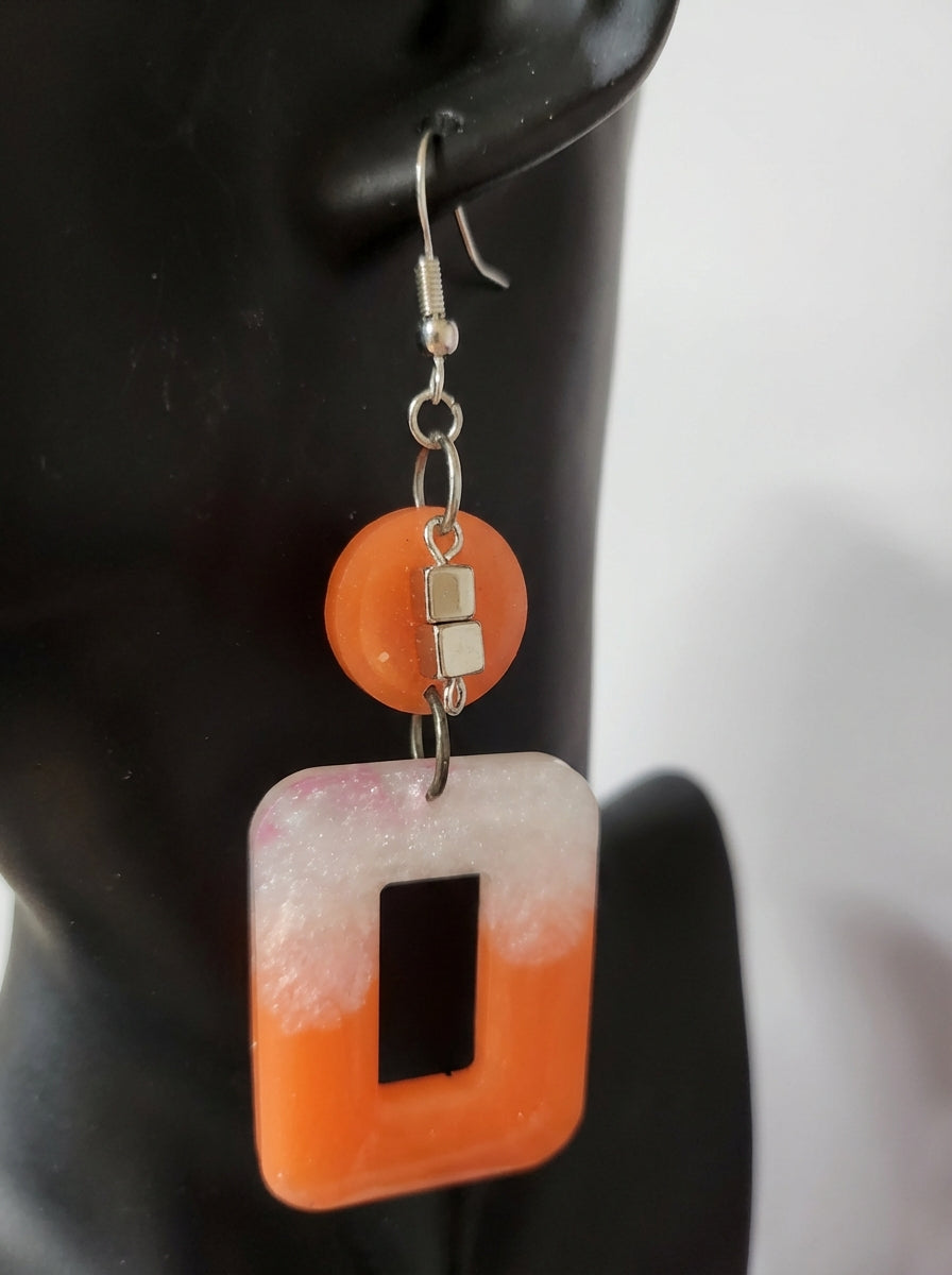 Orange & White Resin Drop Earrings with Glitter