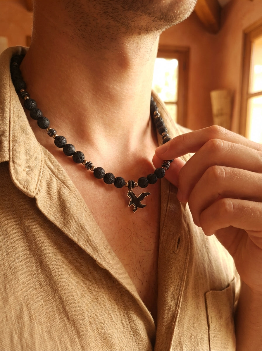 Lava Stone Necklace with Bronze Eagle Charm
