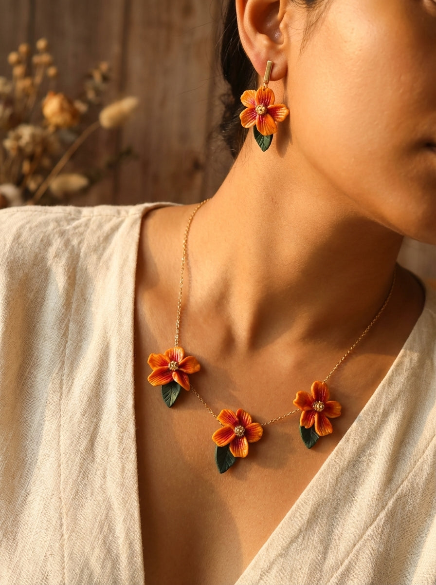 Luxe Orange Flower Necklace and Earrings Jewellery Set