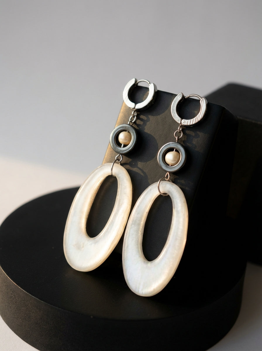 Pearl & Hematite Statement Earrings with Resin Links