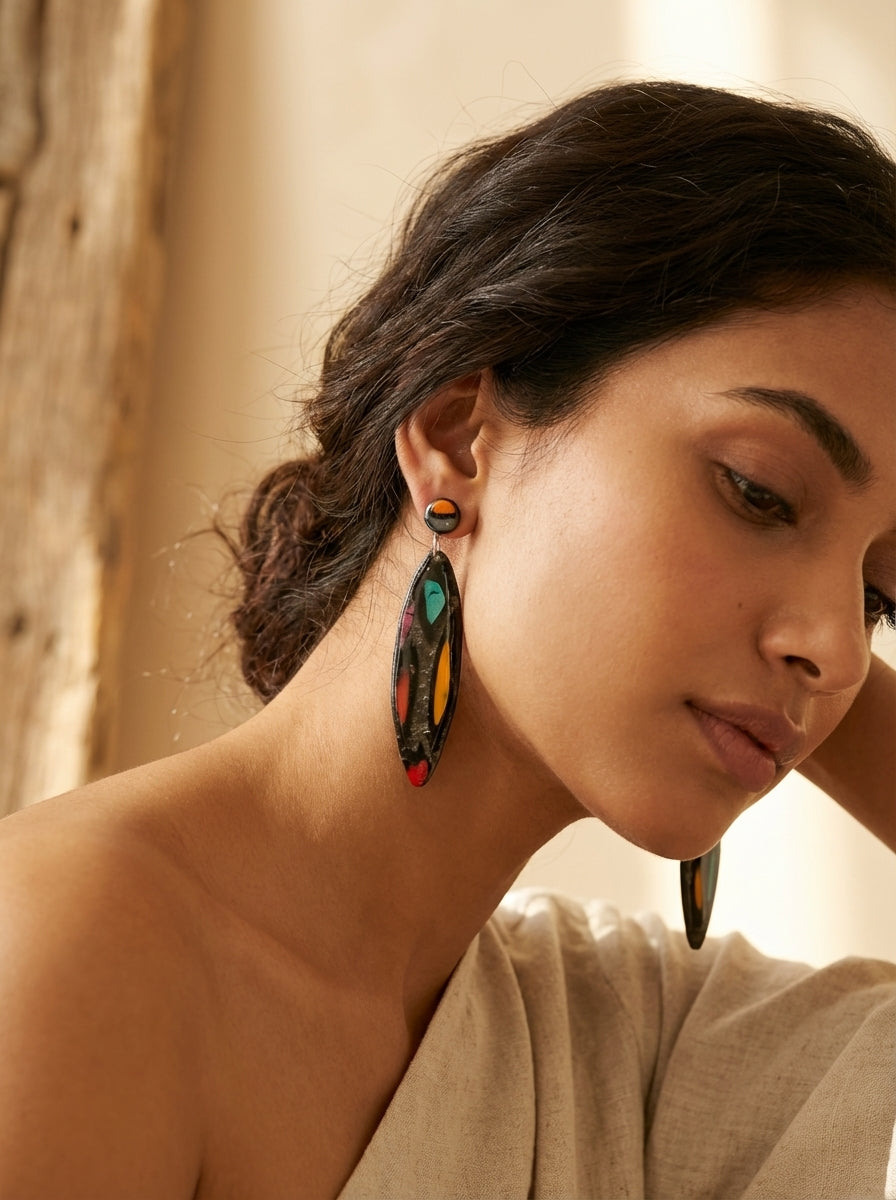 Long Earrings with Metallic Black, Orange, Red and Teal Accents