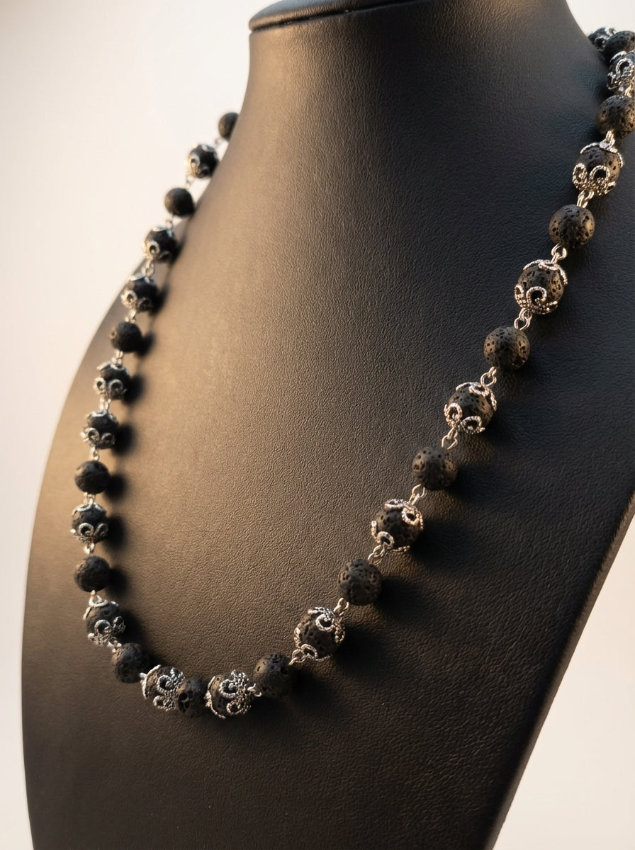 Genuine Lava Stone Necklace with Silver Accents
