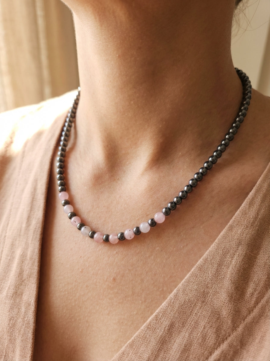 Rose Quartz & Hematite Handmade Necklace – Love, Grounding &amp; Balance