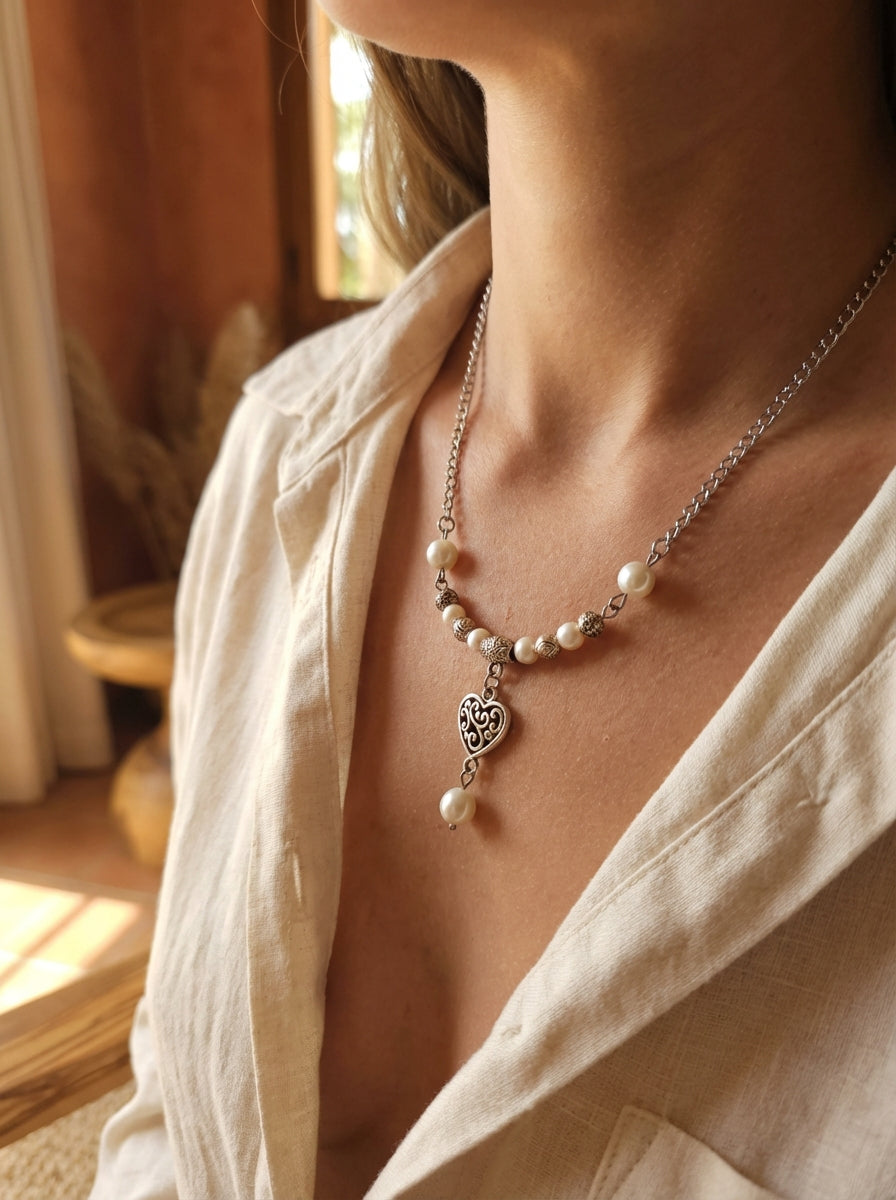 Freshwater Pearls & Filigree Heart Necklace - Silver Tone