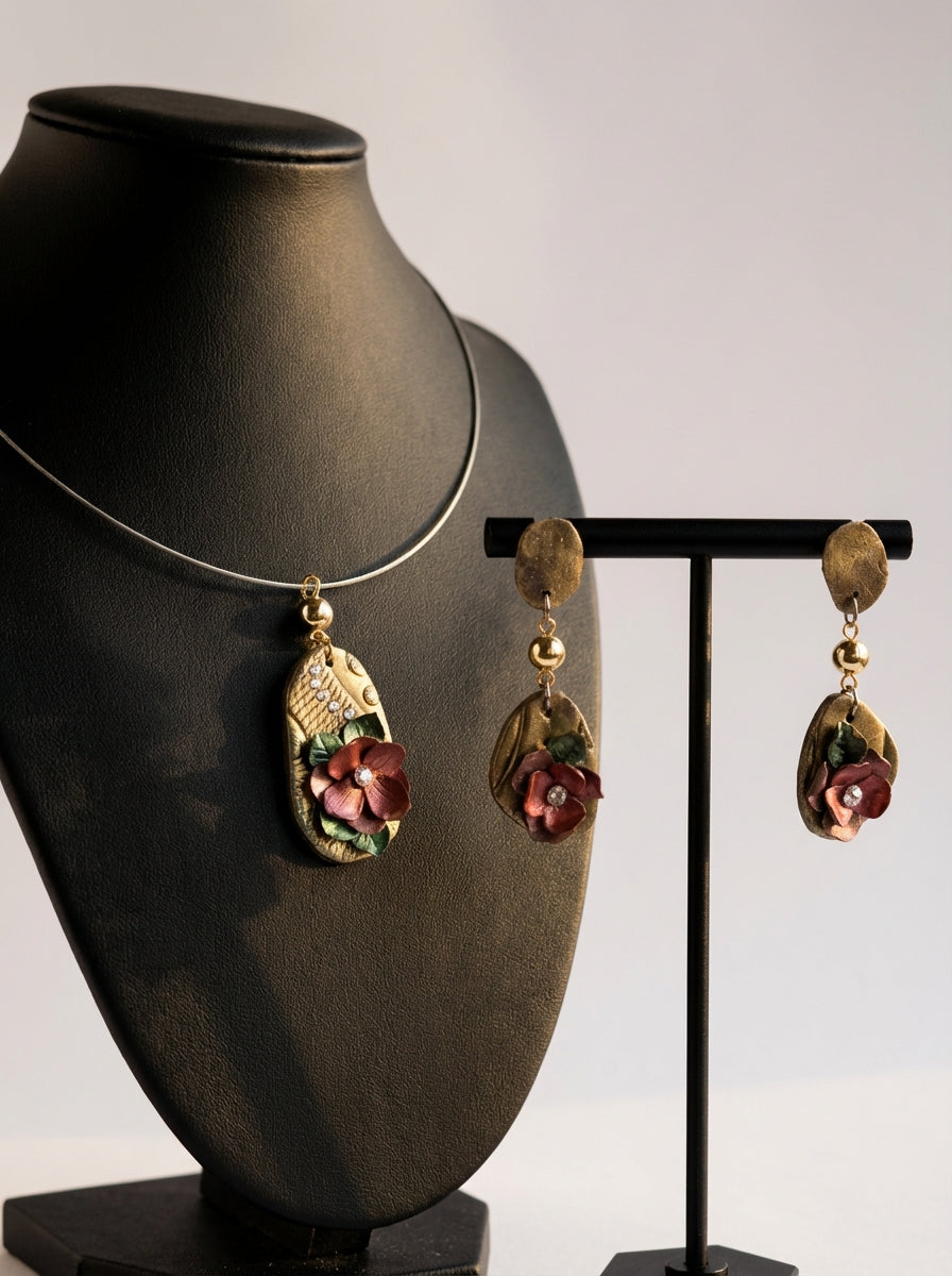 Handcrafted Clay Floral Necklace & Earrings Set with Gold Accents