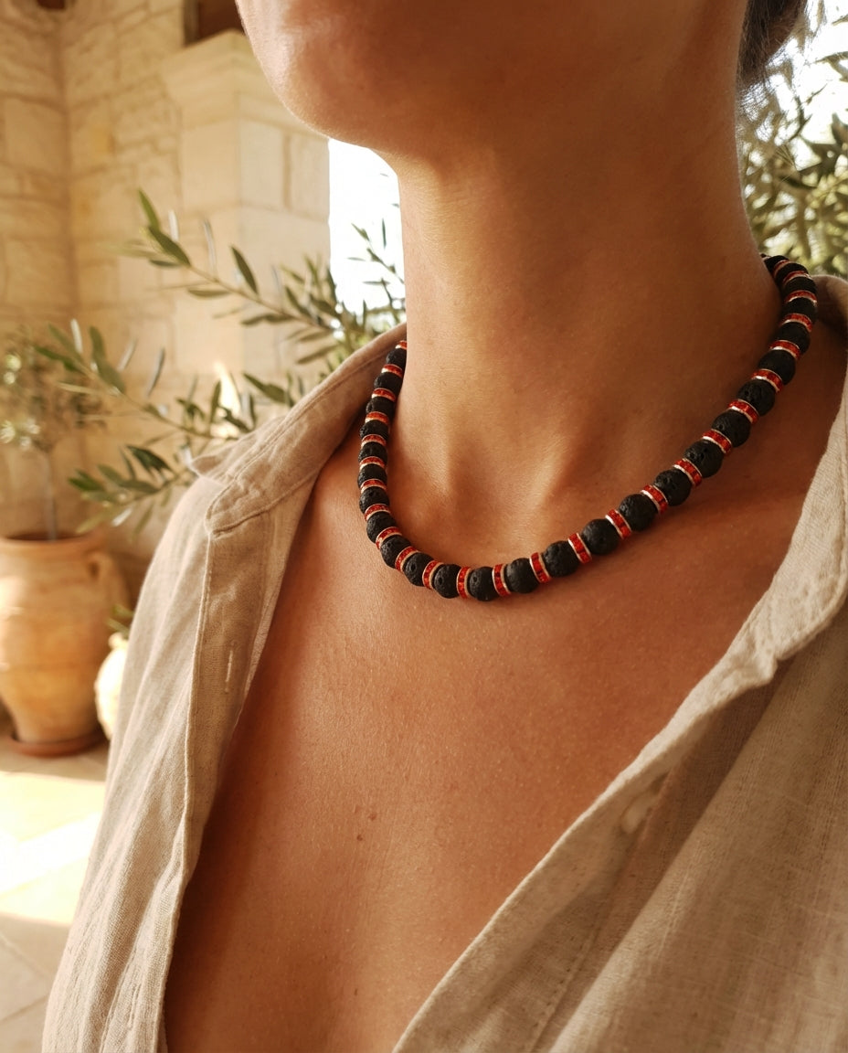 Lava Stone Necklace with Red Crystal Spacers