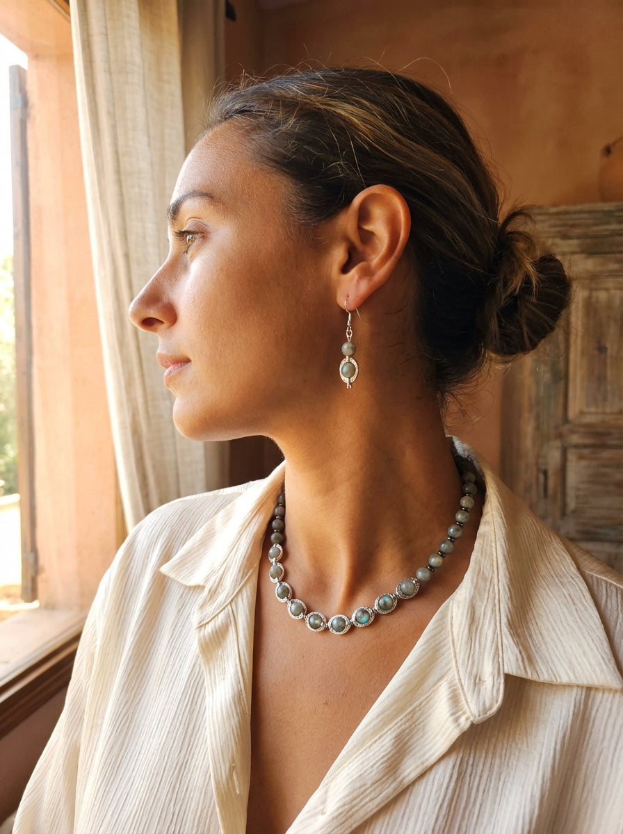 Labradorite Necklace and Earrings Set with Silver-Tone Settings