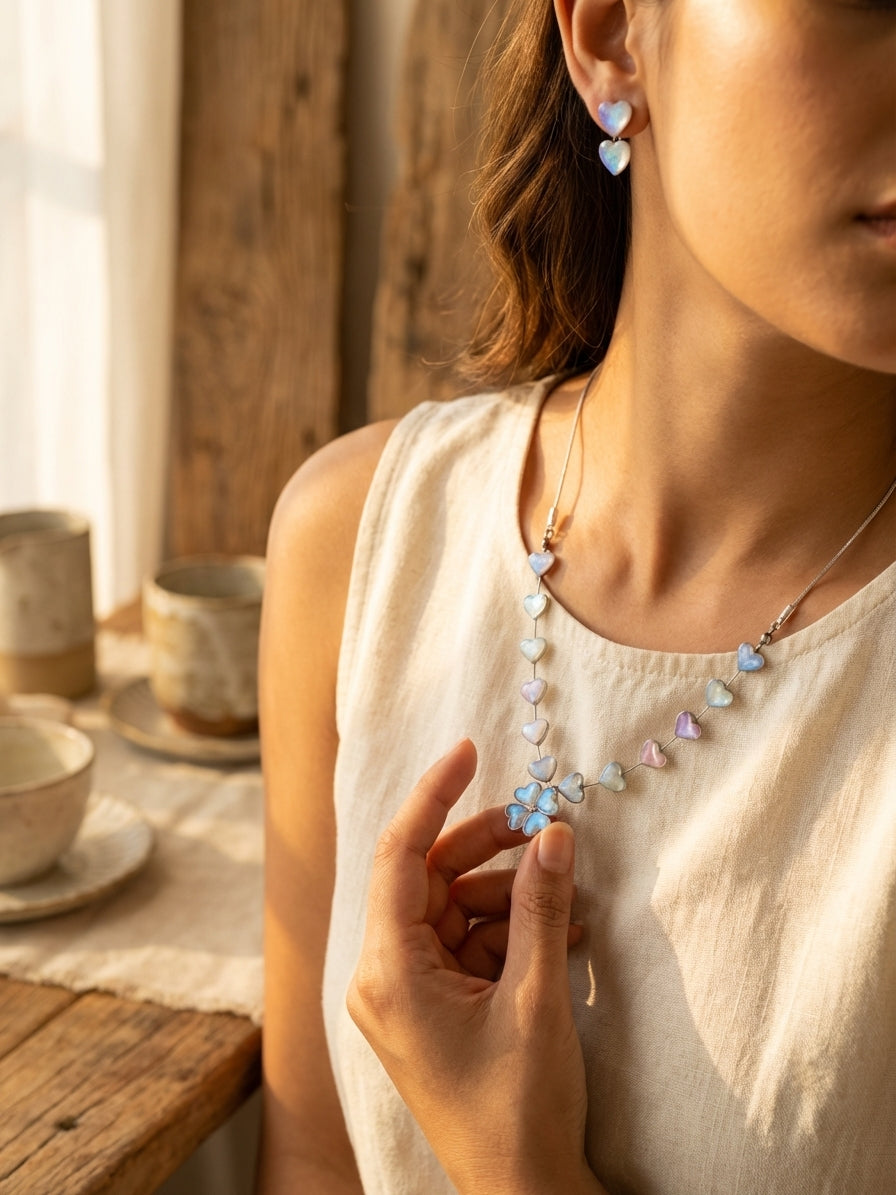 Irediscent Pastel Hearts Jewellery Set – Necklace & Stud Earrings