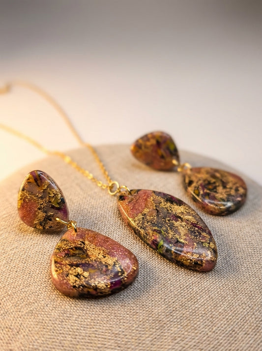 Handcrafted Metallic Pink and Gold Pendant and Earrings Set