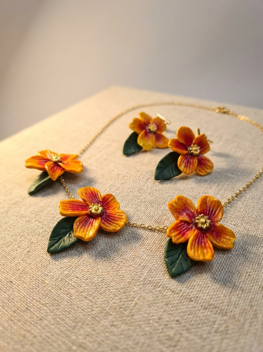 Luxe Orange Flower Necklace and Earrings Jewellery Set