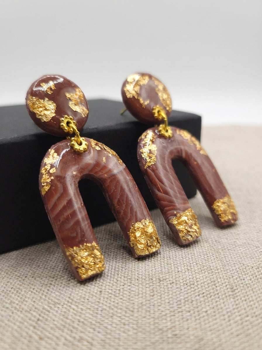 Chocolate & Gold Clay Arch Earrings – Handmade Statement Earrings