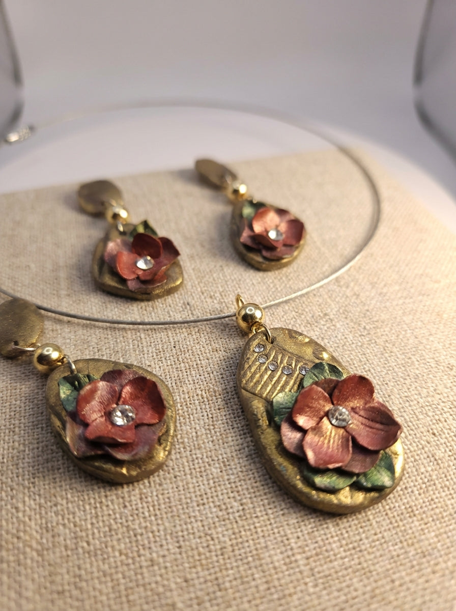 Handcrafted Clay Floral Necklace & Earrings Set with Gold Accents