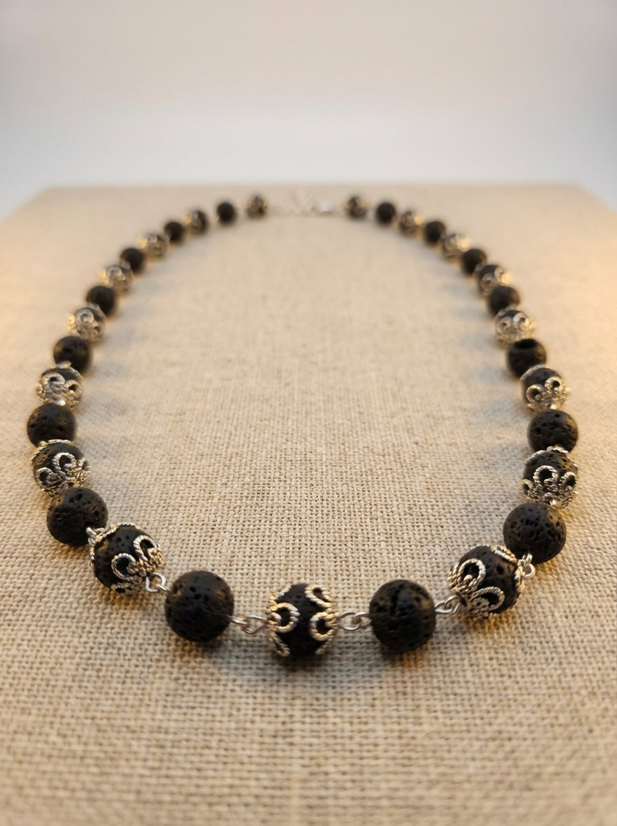Genuine Lava Stone Necklace with Silver Accents
