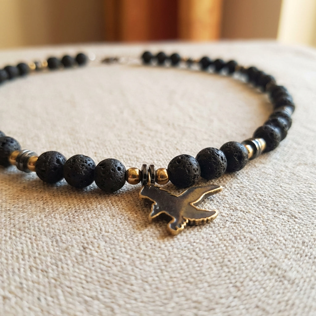 Lava Stone Necklace with Bronze Eagle Charm