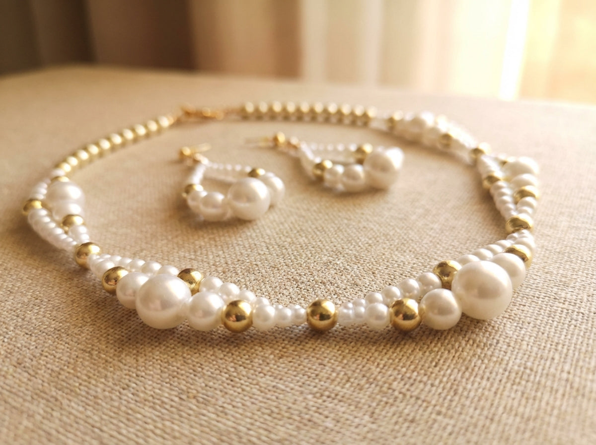 Pearl & Gold Hematite Necklace and Earrings Set