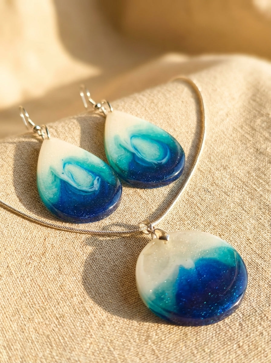 Ocean Wave Effect Pendant and Teardrop Earrings Set