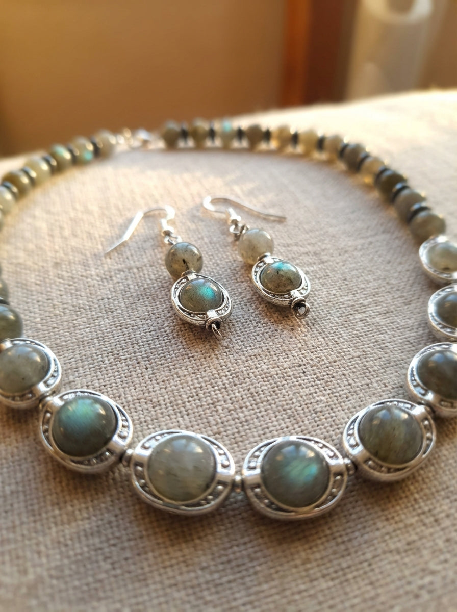 Labradorite Necklace and Earrings Set with Silver-Tone Settings
