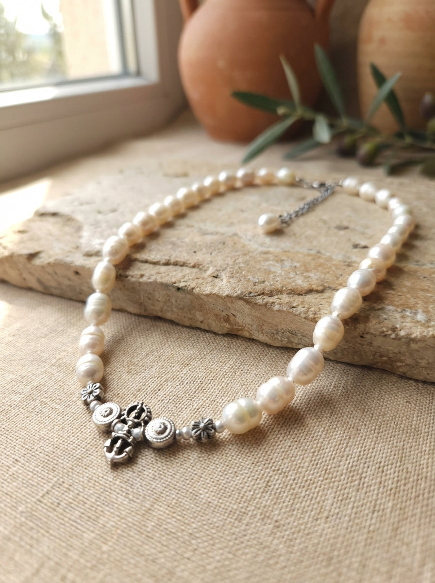 Freshwater Pearl Necklace with Silver Floral Accents