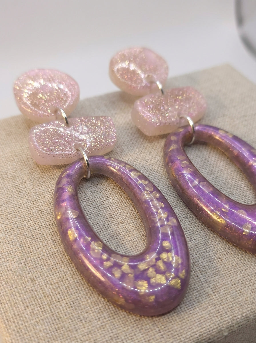 Lavender & Pink Resin Statement Earrings with Gold Flakes