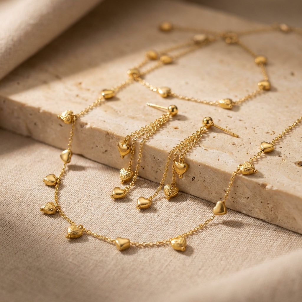 Gold-Plated Heart Charm Jewelry Set - Necklace, Bracelet & Earrings