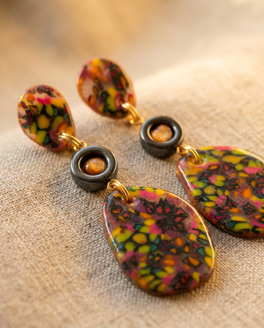 Multicolour Clay Statement Earrings with Hematite & Freshwater Pearls