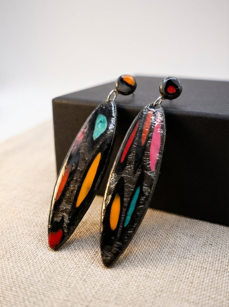 Long Earrings with Metallic Black, Orange, Red and Teal Accents