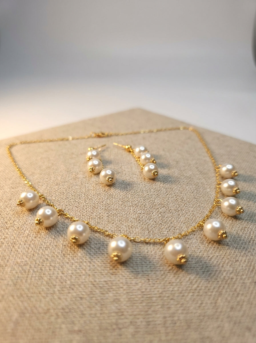 Gold Plated Pearl Drop Necklace and Earrings Set