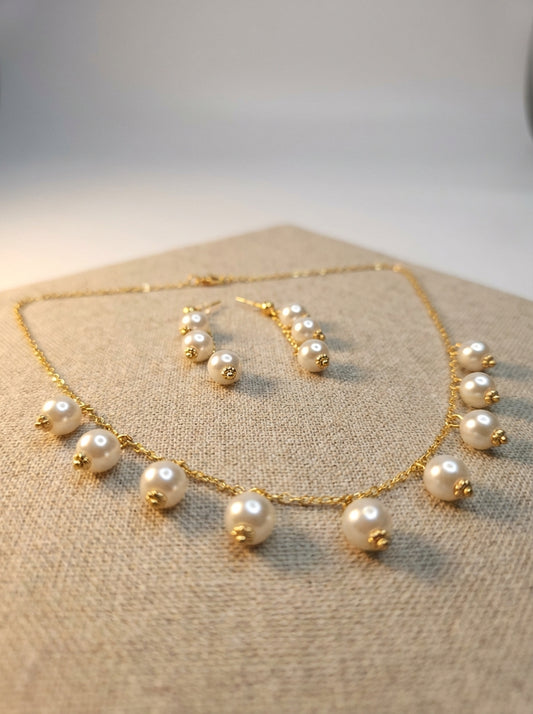 Gold Plated Pearl Drop Necklace and Earrings Set