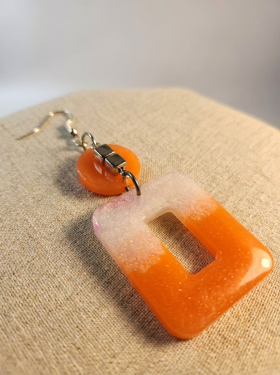 Orange & White Resin Drop Earrings with Glitter