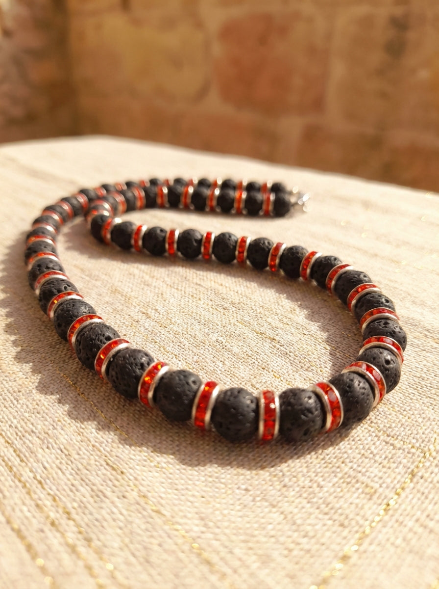 Lava Stone Necklace with Red Crystal Spacers