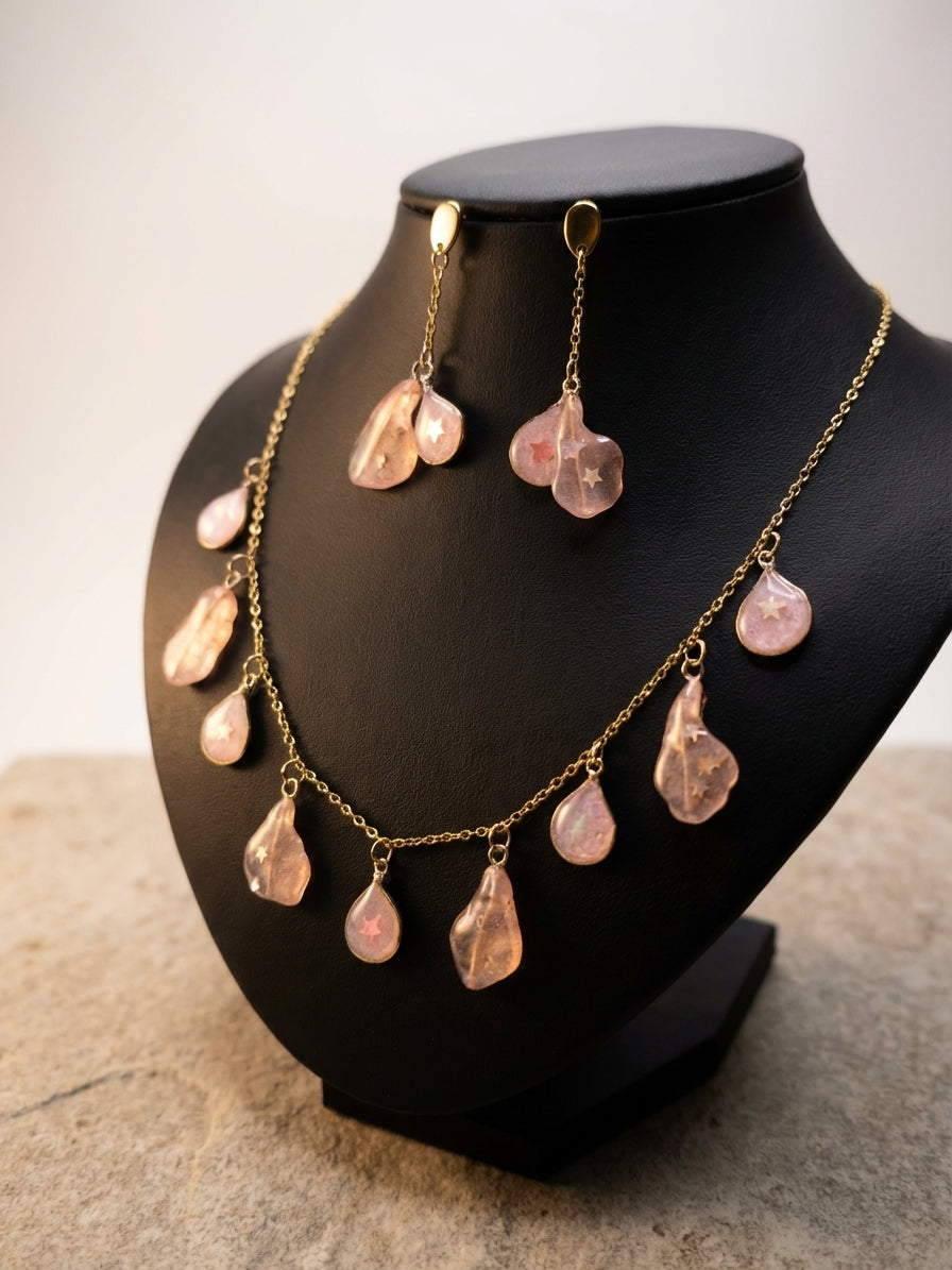 Blush Teardrop Resin Jewellery Set Necklace and Drop Earrings