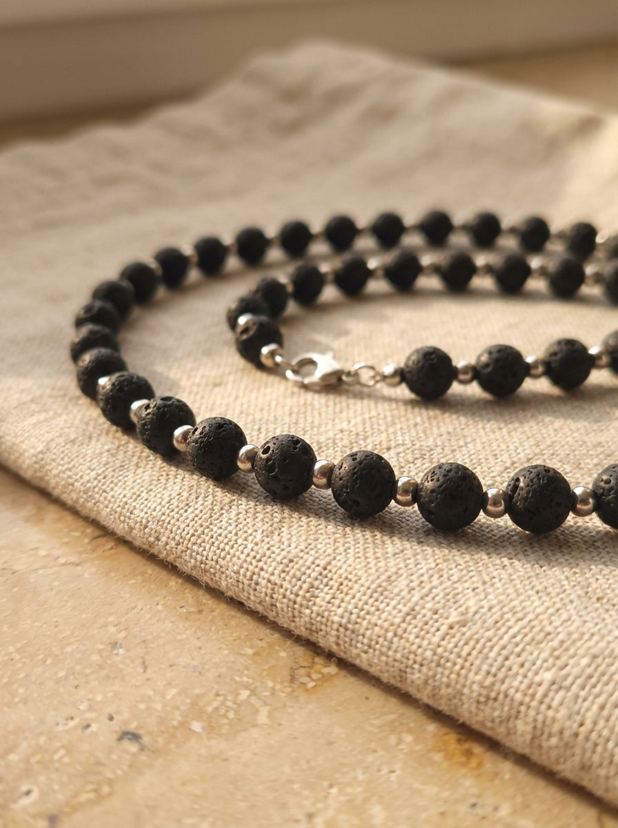 Lava Stone &amp; Silver Acrylic Beaded Necklace