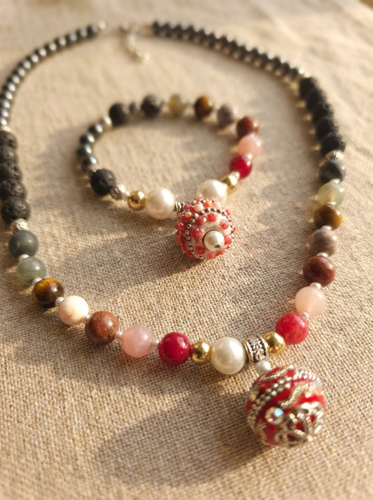 Handcrafted Gemstone & Pearl Beaded Necklace with Ornate Red Pendant
