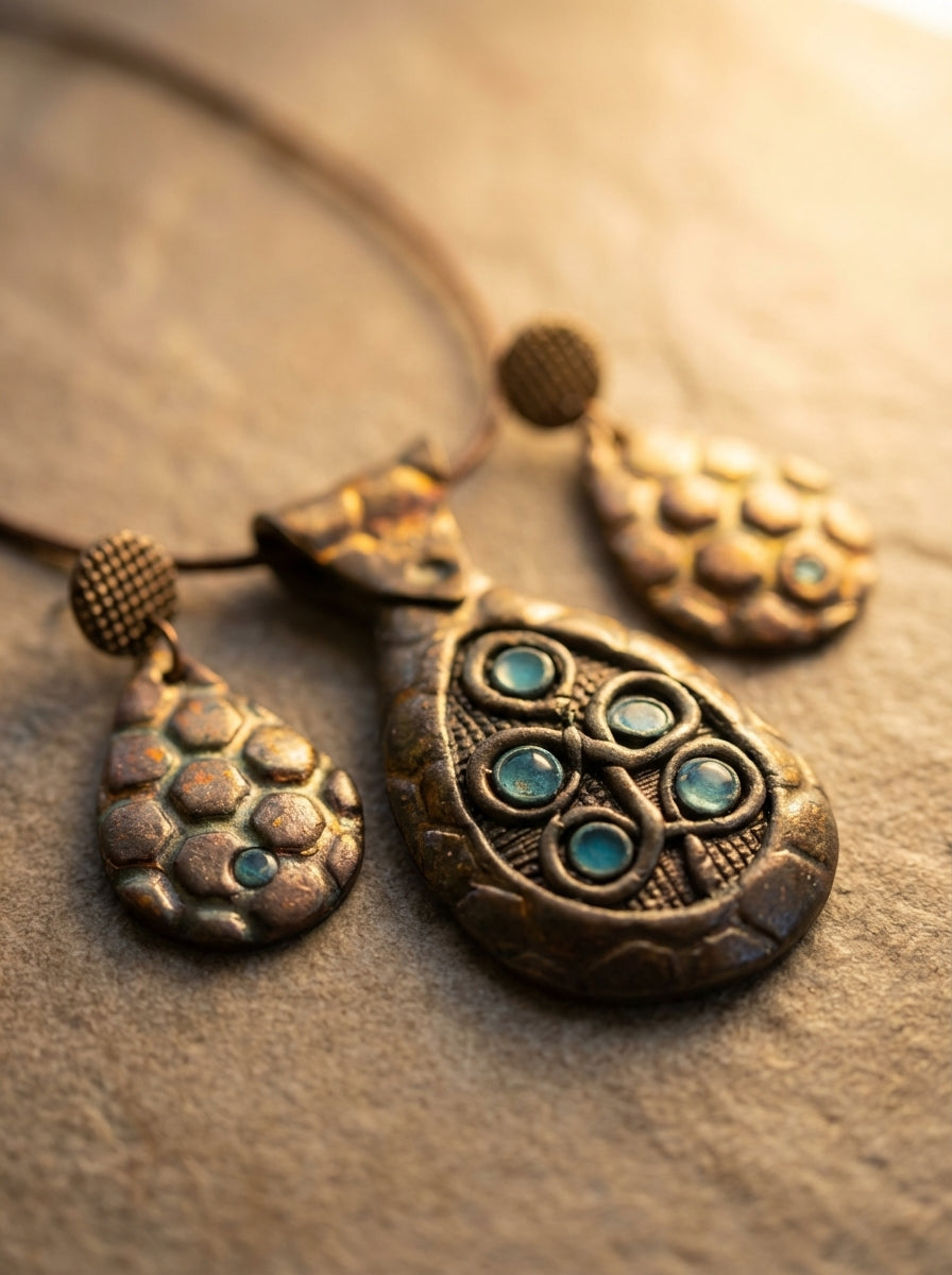 Textured Metallic Bronze Necklace and Drop Earrings Set