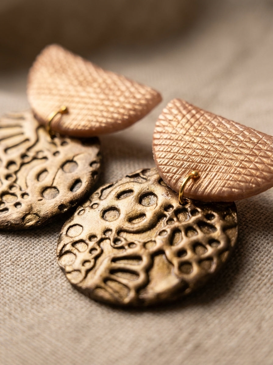 Rose Pink Metallic and Gold Textured Disc Earrings