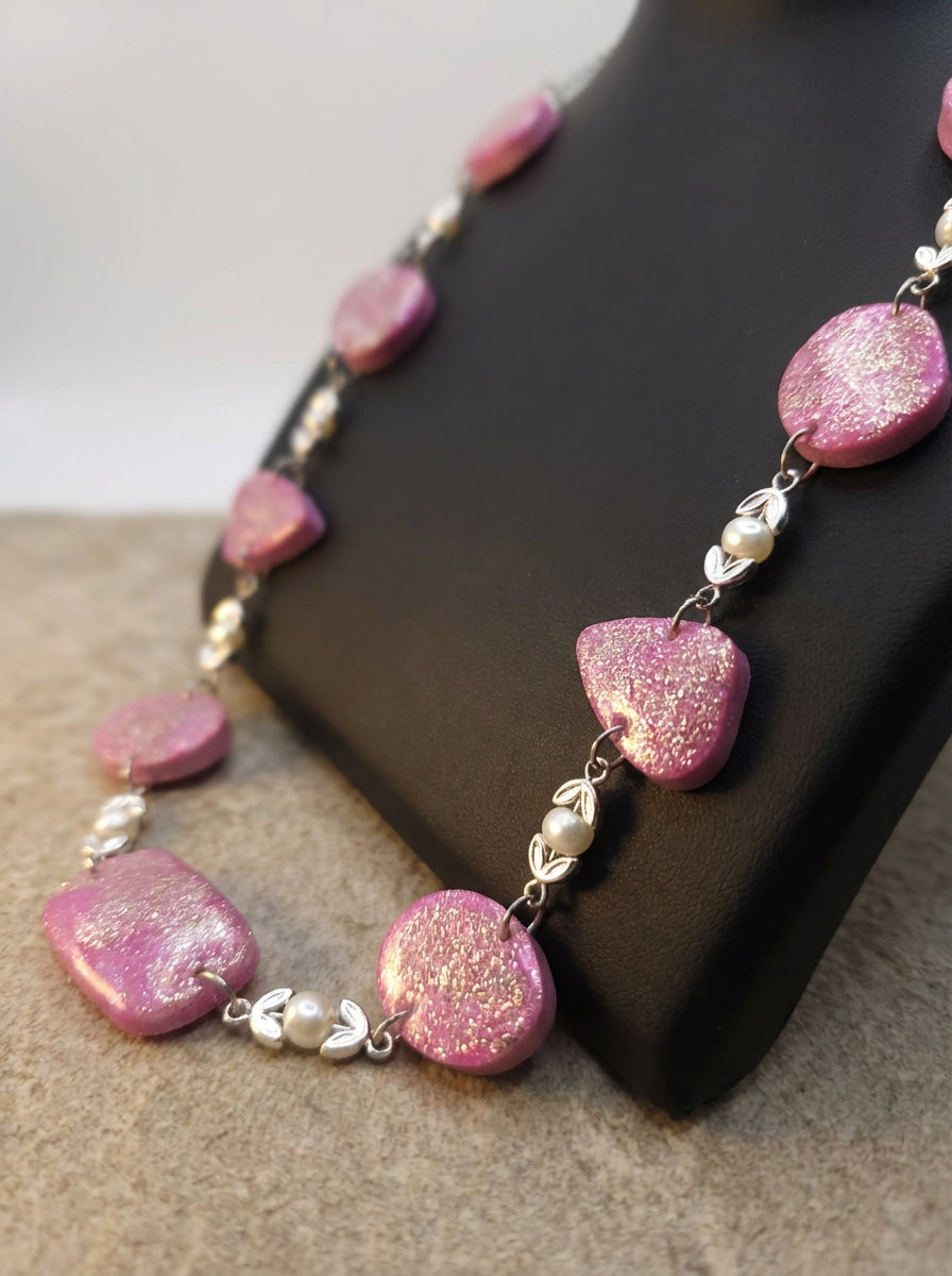 Handcrafted Pearl & Resin Necklace with Golden Accents