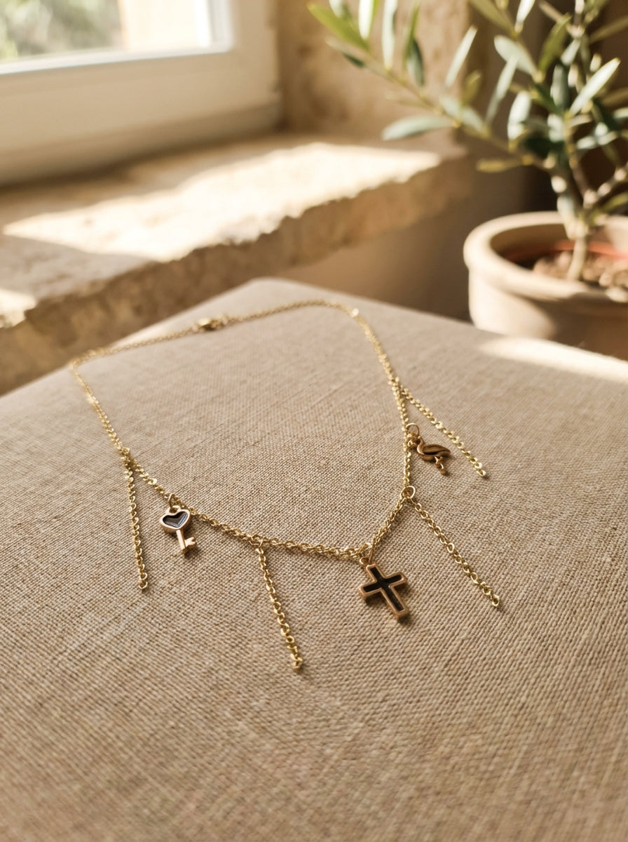 Gold-Plated Cross Charm Necklace with Cascading Chain Tassels