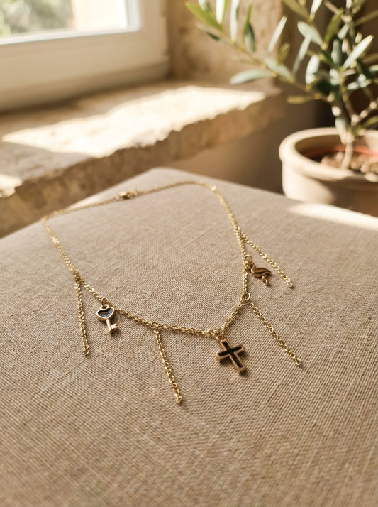Gold-Plated Cross Charm Necklace with Cascading Chain Tassels