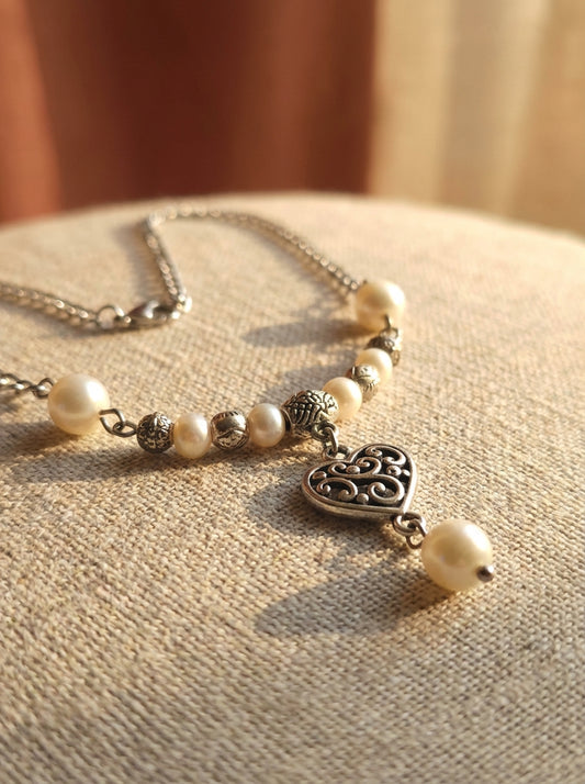 Freshwater Pearls & Filigree Heart Necklace - Silver Tone