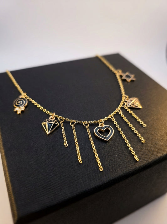 Gold-Plated Charm Necklace with Cascading Chains & Mixed Symbols